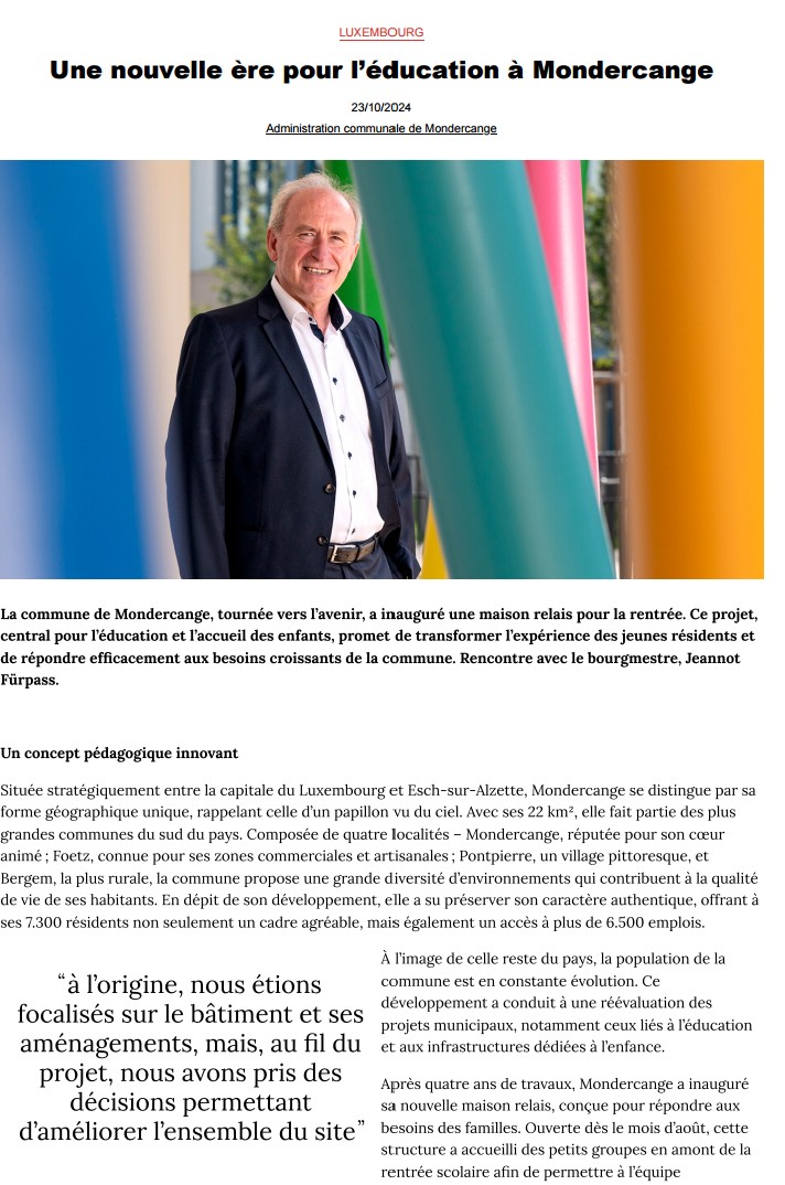Lëtzebuerger Gemengen article on XXA Architecture's new era for education in Mondercange